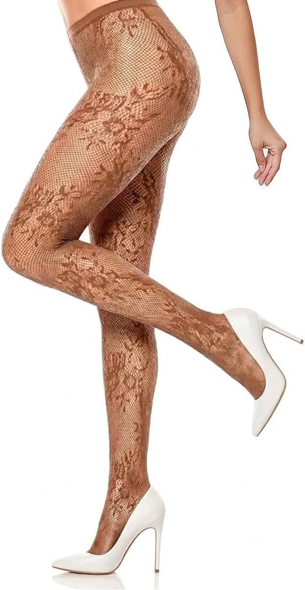 Koffiekleurige Netkous Dames met Bloemenpatroon - Hoge Taille Panty voor Feest, Bruiloft en Cosplay, Sexy Franse Stijl Kousen voor Elegante Outfits