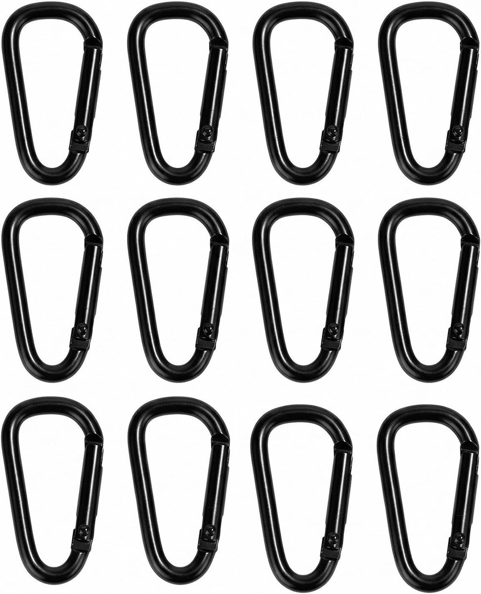 Kleine aluminium karabijnhaken, 12 stuks met veilige schroefsluiting, perfect voor hangmatten, trekking en outdoor activiteiten