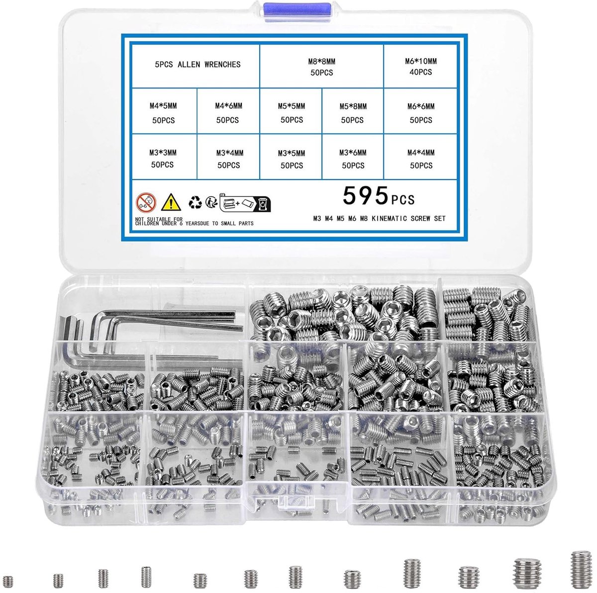 Complete Set van 595 Stukjes Metrische Magnetische Schroeven met Zeskantkop en 6 Sleutels voor Deurgrepen, Geschikt voor M3 M4 M5 M6 M8