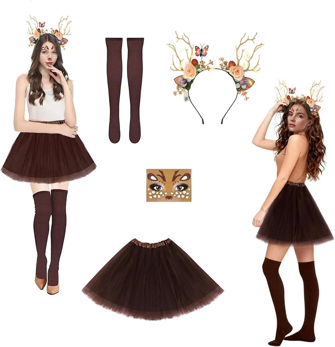 Dames Kostuum met Haarband en Tule Rok voor Carnaval, Halloween en Feestjes, Inclusief Gezichts sticker en Dierenthema Accessoires