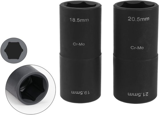 Twee zwarte dopsleutels, 18,5 mm en 20,5 mm, met een detailweergave van de zeskantige opening.