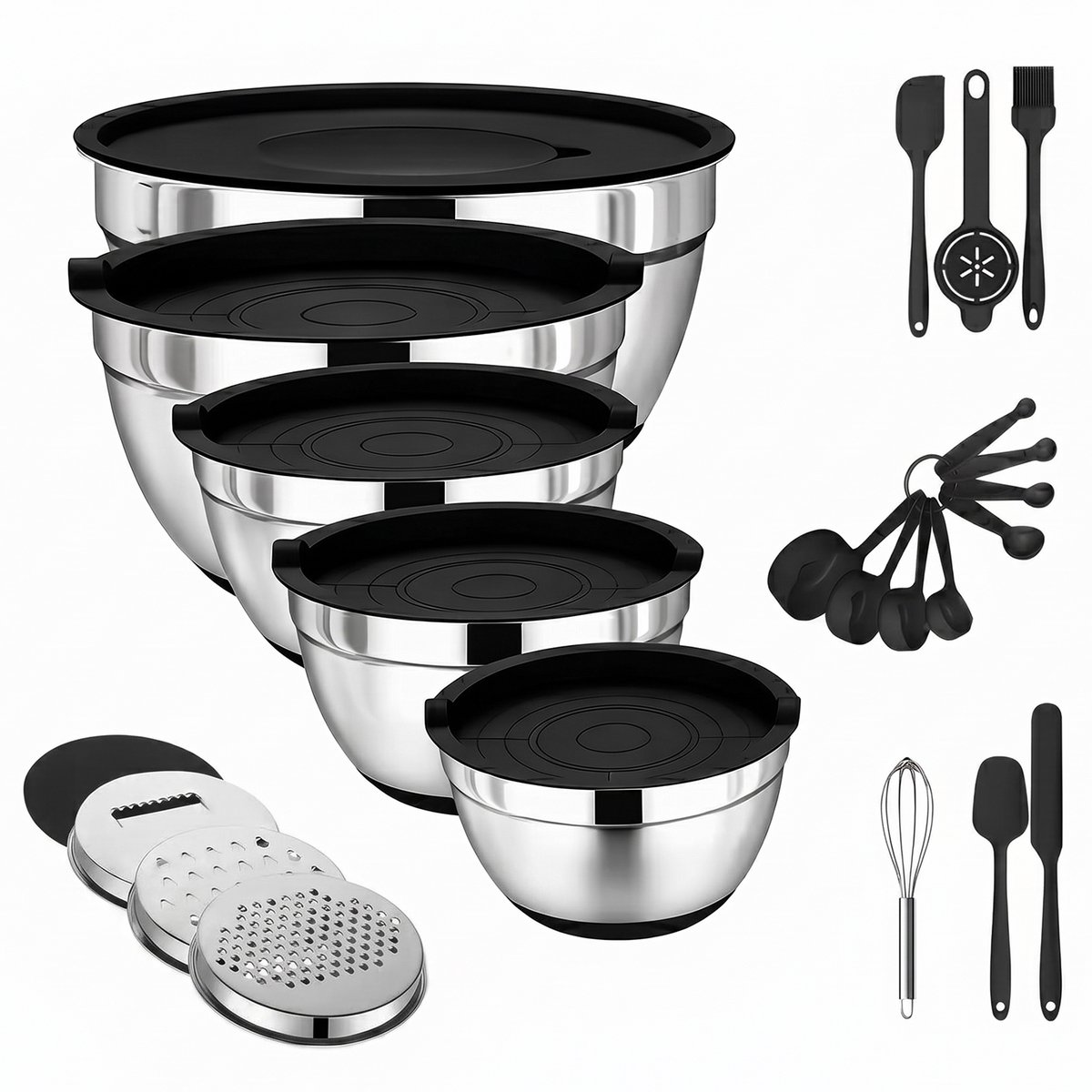 Mengkommen set - 23 Delige Set - Set van 5 - RVS - Beslagkommen - Met luchtdichte bewaardeksel - Antislip - Spatels - Garde - Pannenlikkers - Raspen - Zilver