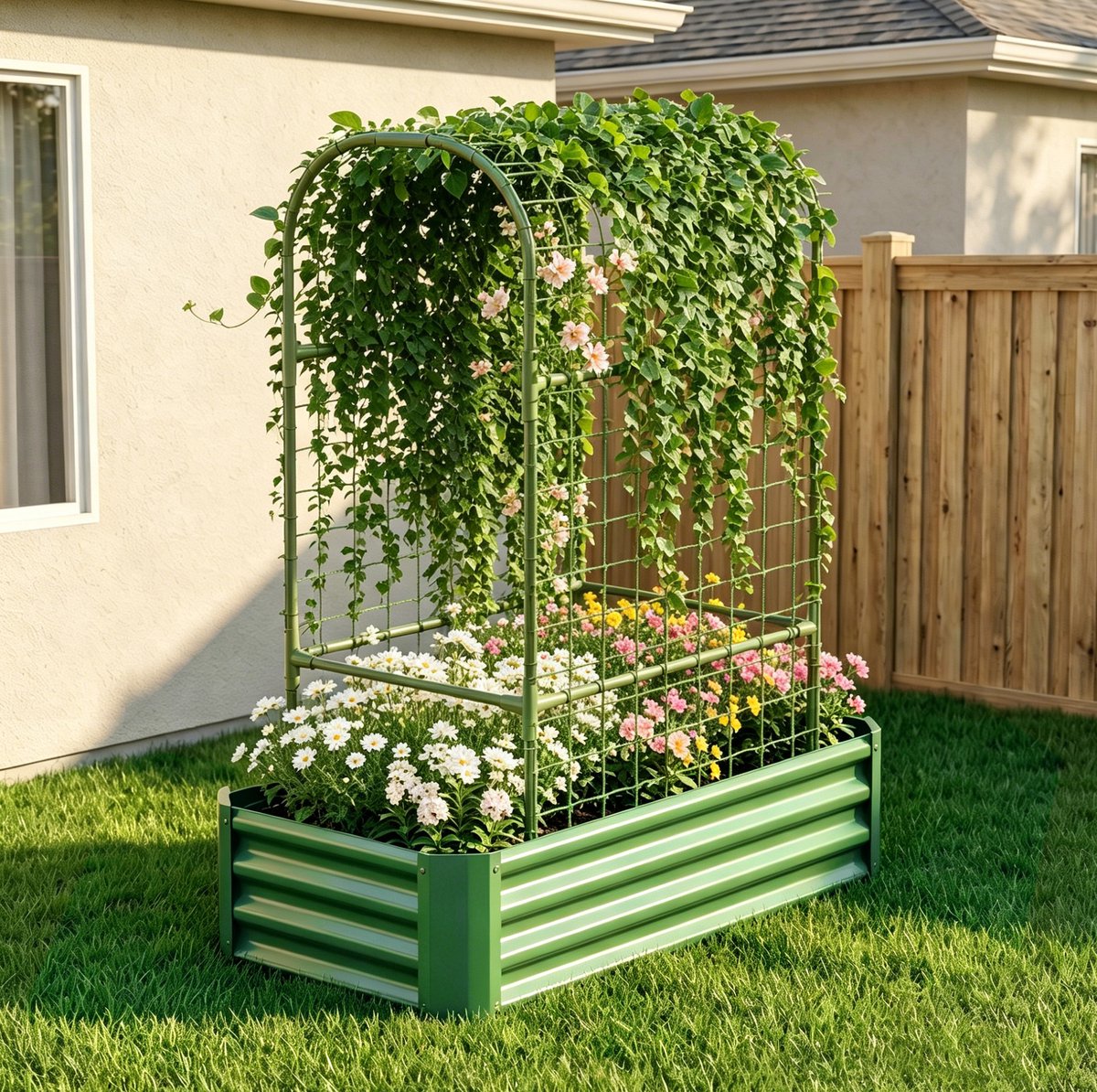 Moestuinbak Met Klimrek 120 60 150 Cm Metaal Groen Voor Groenten Kruiden Bloemen Op Terras Tuin En Binnenplaats Open Bodem