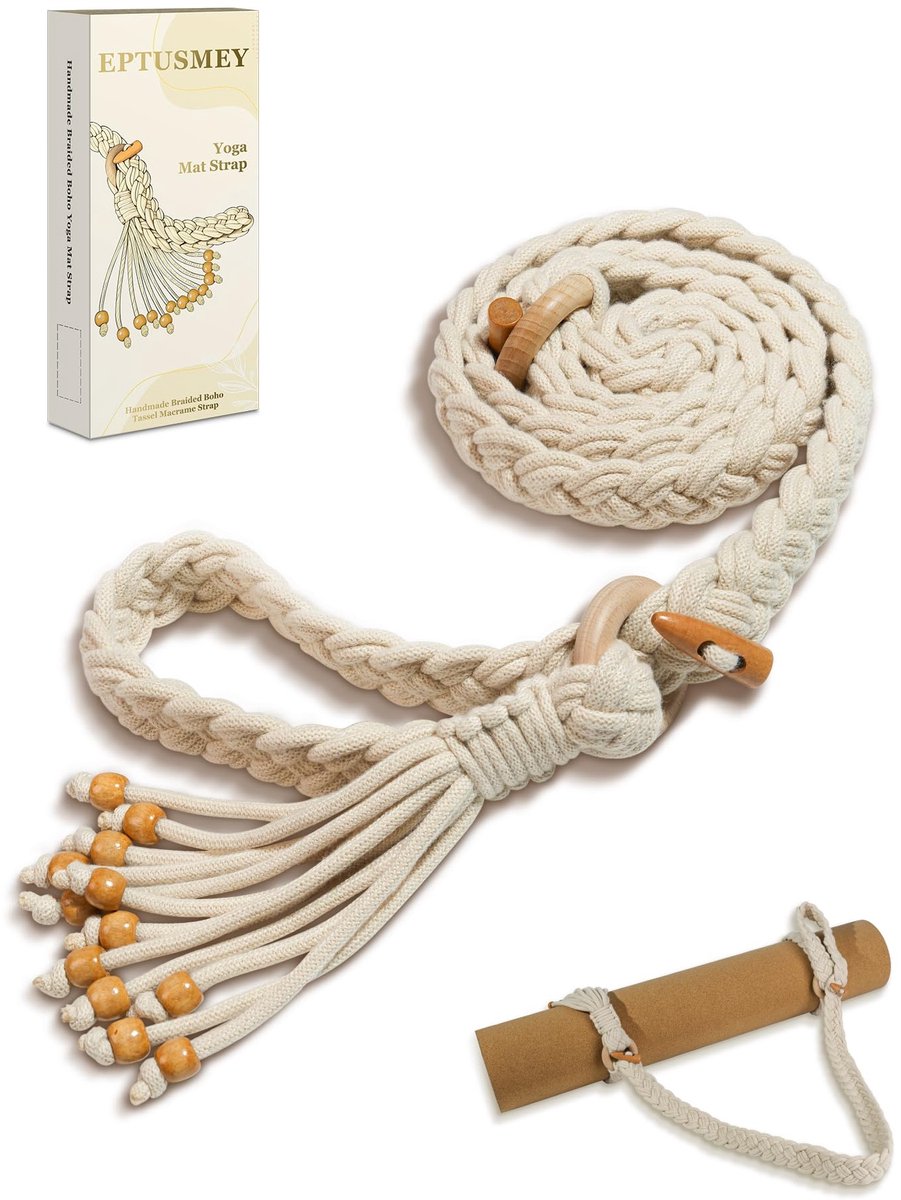 SnelShoppen - Eptusmey Yogamat Riemen voor Draagcomfort, Handgemaakte Gevlochten Boho Kraal Kwastje, Verstelbare Dikke Yogamat Drager/Houder/Organizer