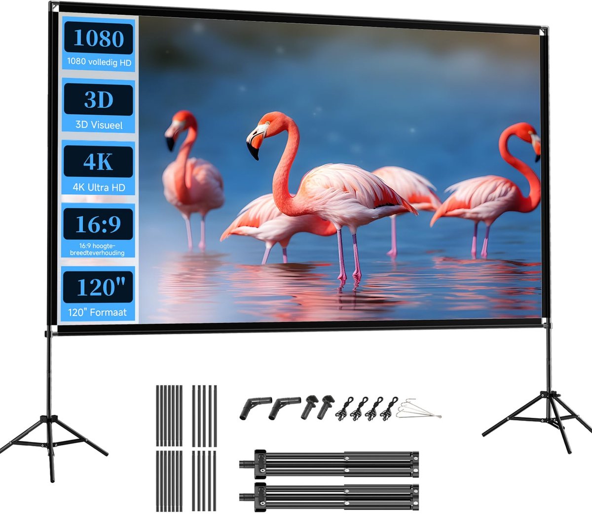 SnelShoppen - Draagbaar Projectiescherm 120 inch met Statief, 16:9, 4K HD, Opvouwbaar Scherm voor Projector, Ideaal voor Thuisbioscoop, Tuinbioscoop,