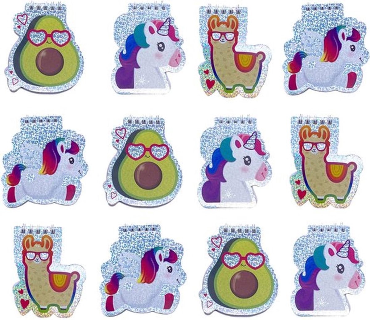 Set van 12 Mini Notitieboekjes - Spiralen - Unicorn, Lama & Avocado Ontwerpen