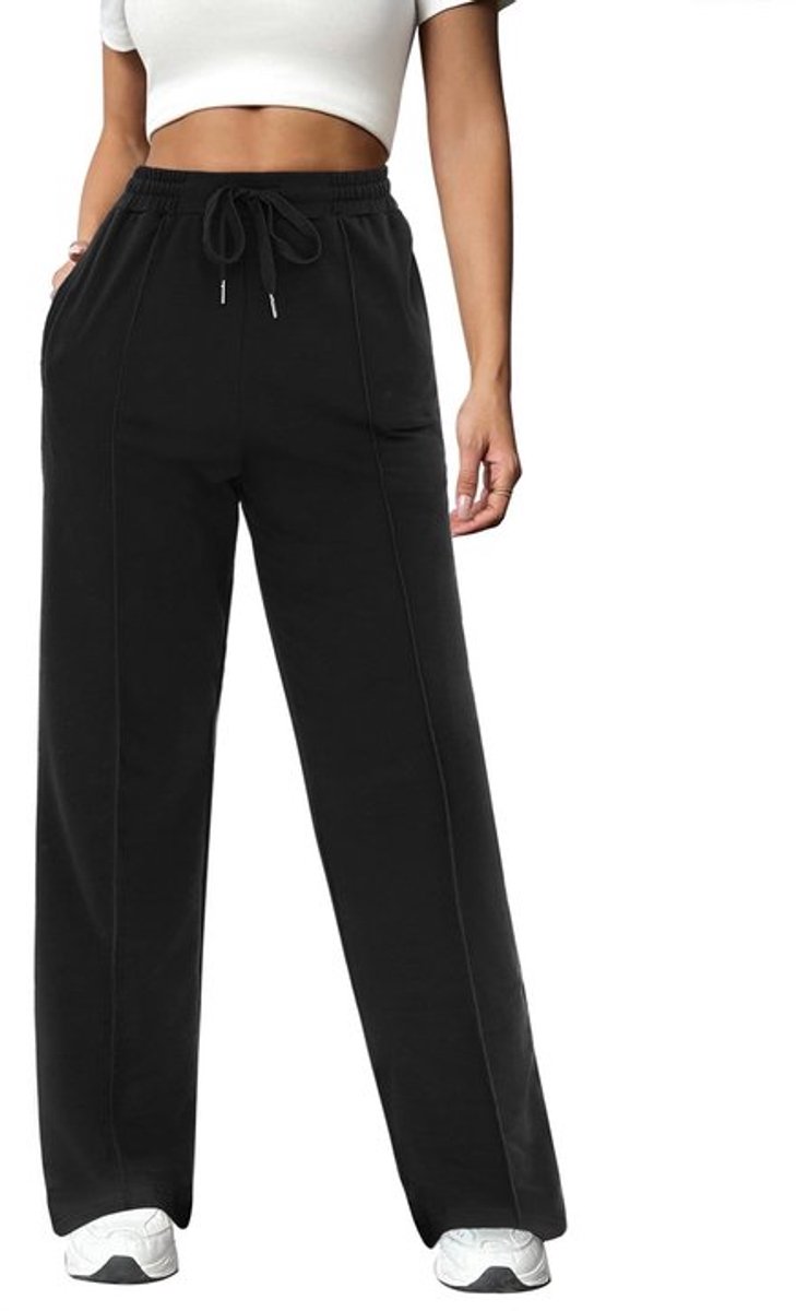 Joggingbroek Dames Hoge Taille - Lange Sportbroek - Effen Casual Broek - Met Zakken - Elastisch Trekkoord - Katoen/Elastaan