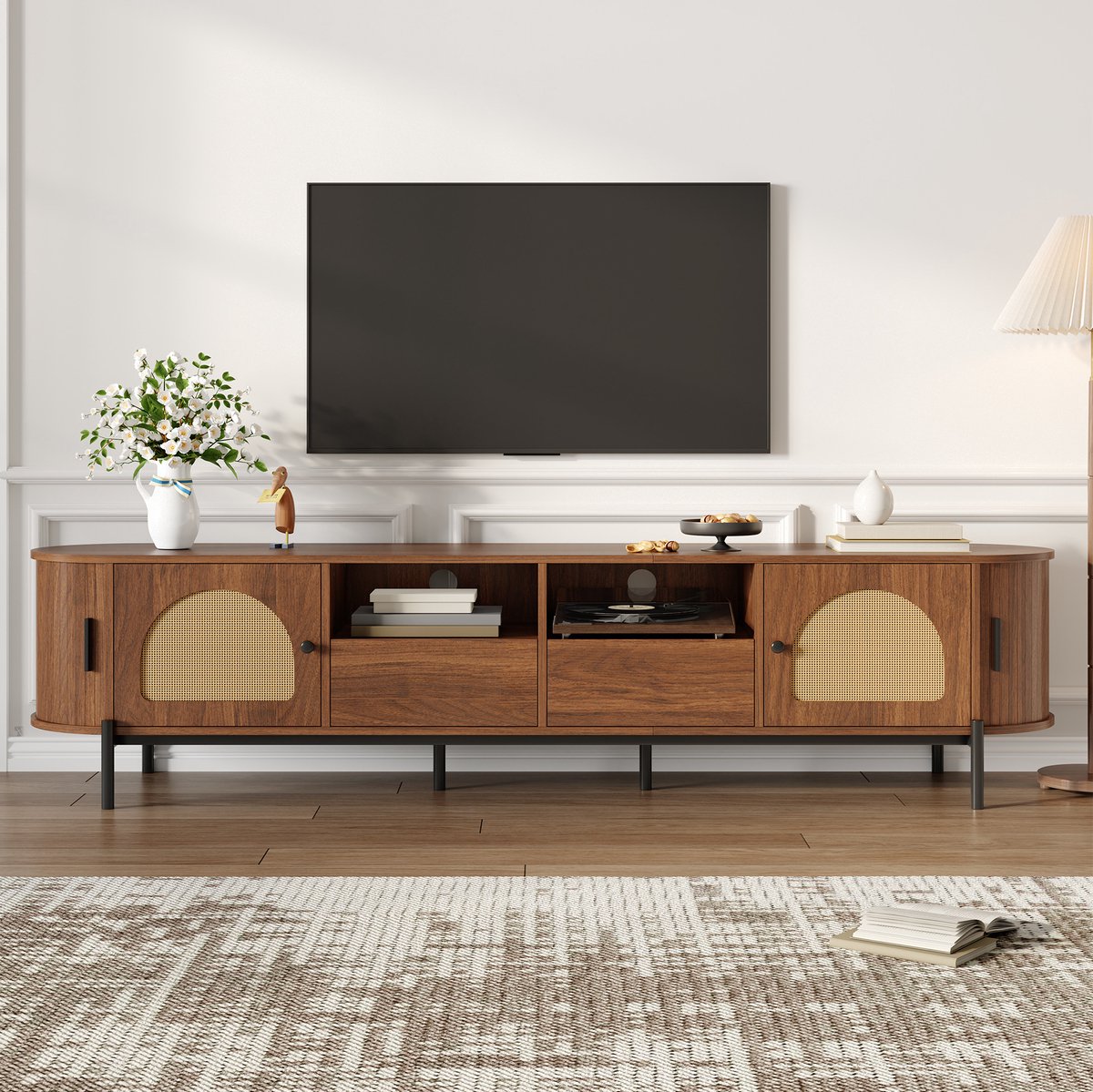 DESMIU Tv-Meubel - Ovaal Met Rotan, Schuifdeuren En Lades - Opbergruimte Voor Woonkamer - MDF In Walnootkleur - 200x40x49,5 Cm