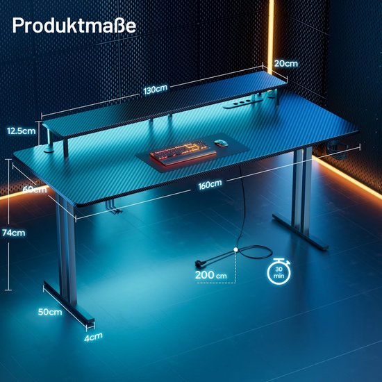 Gaming Bureau - Bureau met Verlichting - Gaming en Kantoor - Geïntegreerde USB Poorten - 160 x 60 cm - Zwart — afbeelding 5