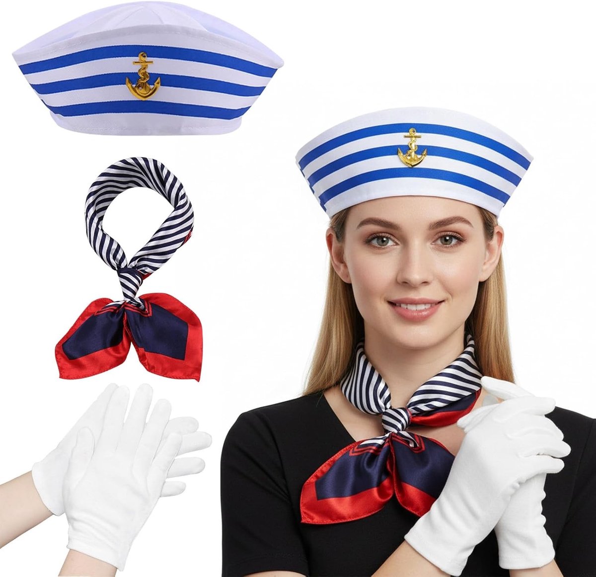 Vrouwelijk Zeeman Kostuum Accessoires Set met Hoed, Handschoenen en Maritiem Thema voor Carnaval en Feestjes