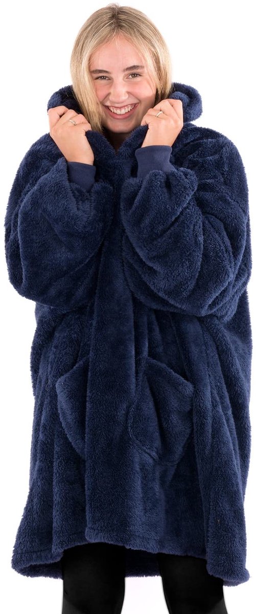 SnelShoppen - Snug Rug Marineblauw Leigrijs Draagbare Deken Hoodie - Oversized Sherpa Fleece Pullover Deken met Mouwen voor Volwassenen, Zacht en Comf