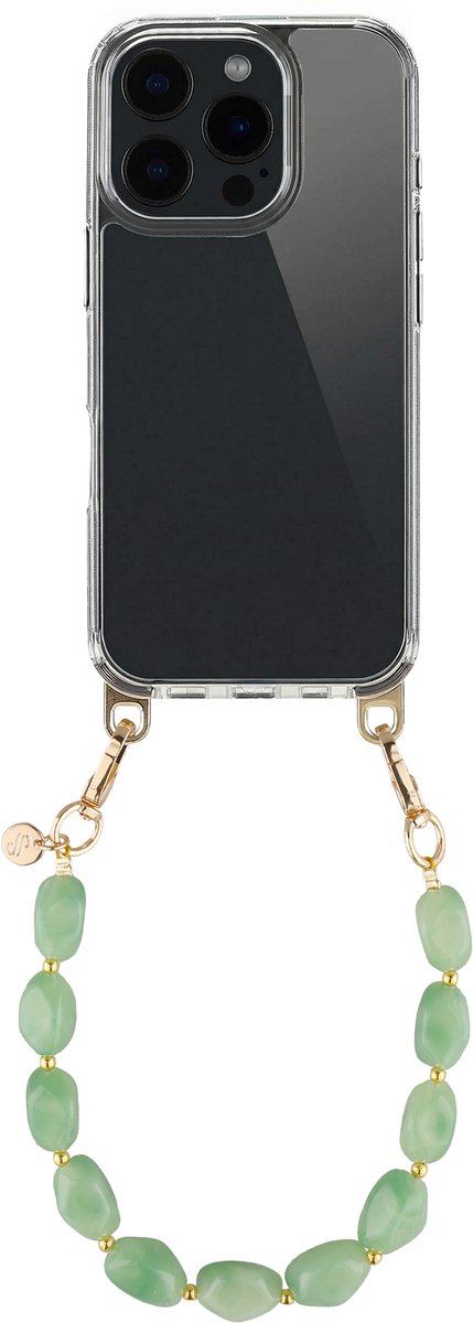 Selencia Transparant Hoesje met Haakjes inclusief Satin Crush Polskoord - Geschikt voor Apple iPhone 16 Pro Max - Mint Green