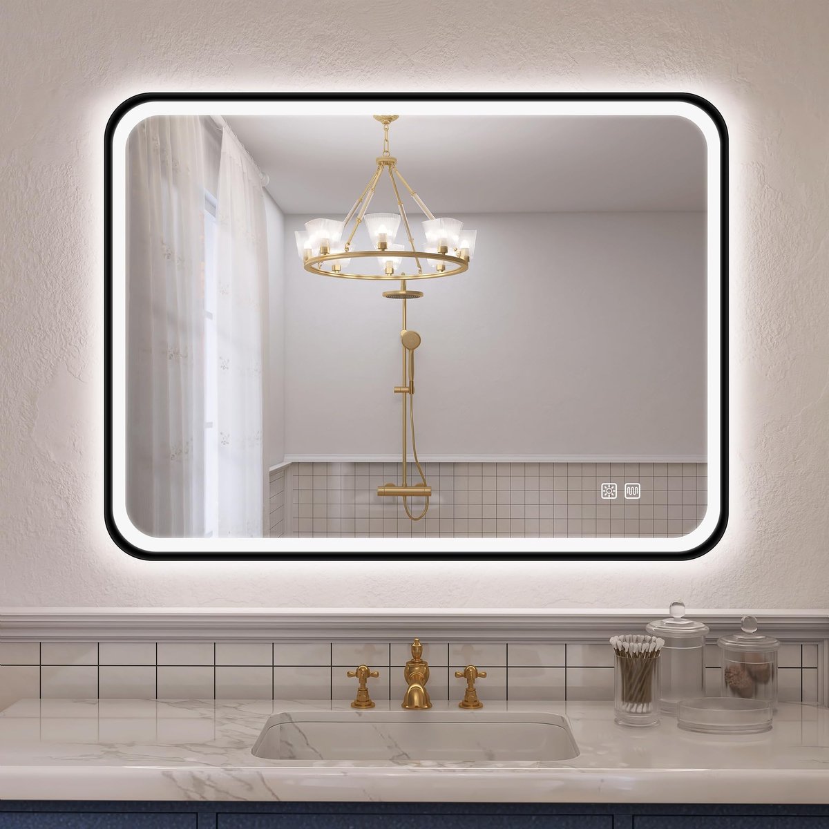 SnelShoppen - Badkamerspiegel met Verlichting 80 x 60 cm, Aluminium Frame, Mistvrij, 3000-6500 K, Geheugenfunctie, IP44, Zwart, Horizontaal/Verticaal