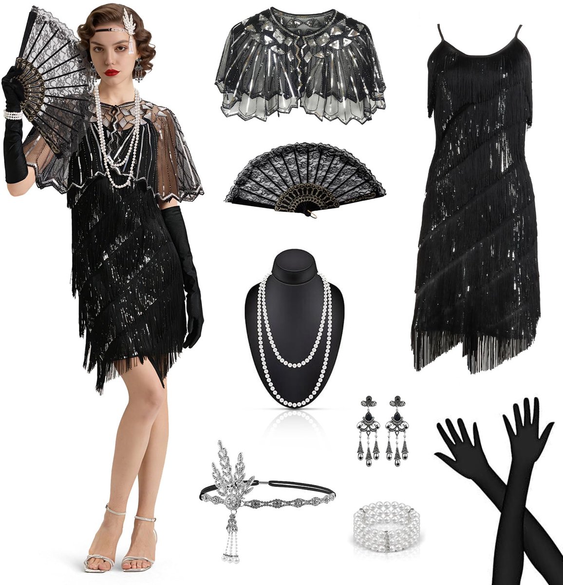 SnelShoppen - Jaren 20-kostuum dames L - Retro, Flapperstijl, Perfect voor Feesten, Carnaval, Theatrale Kostuums, Elegant Zwart, 1920s Look