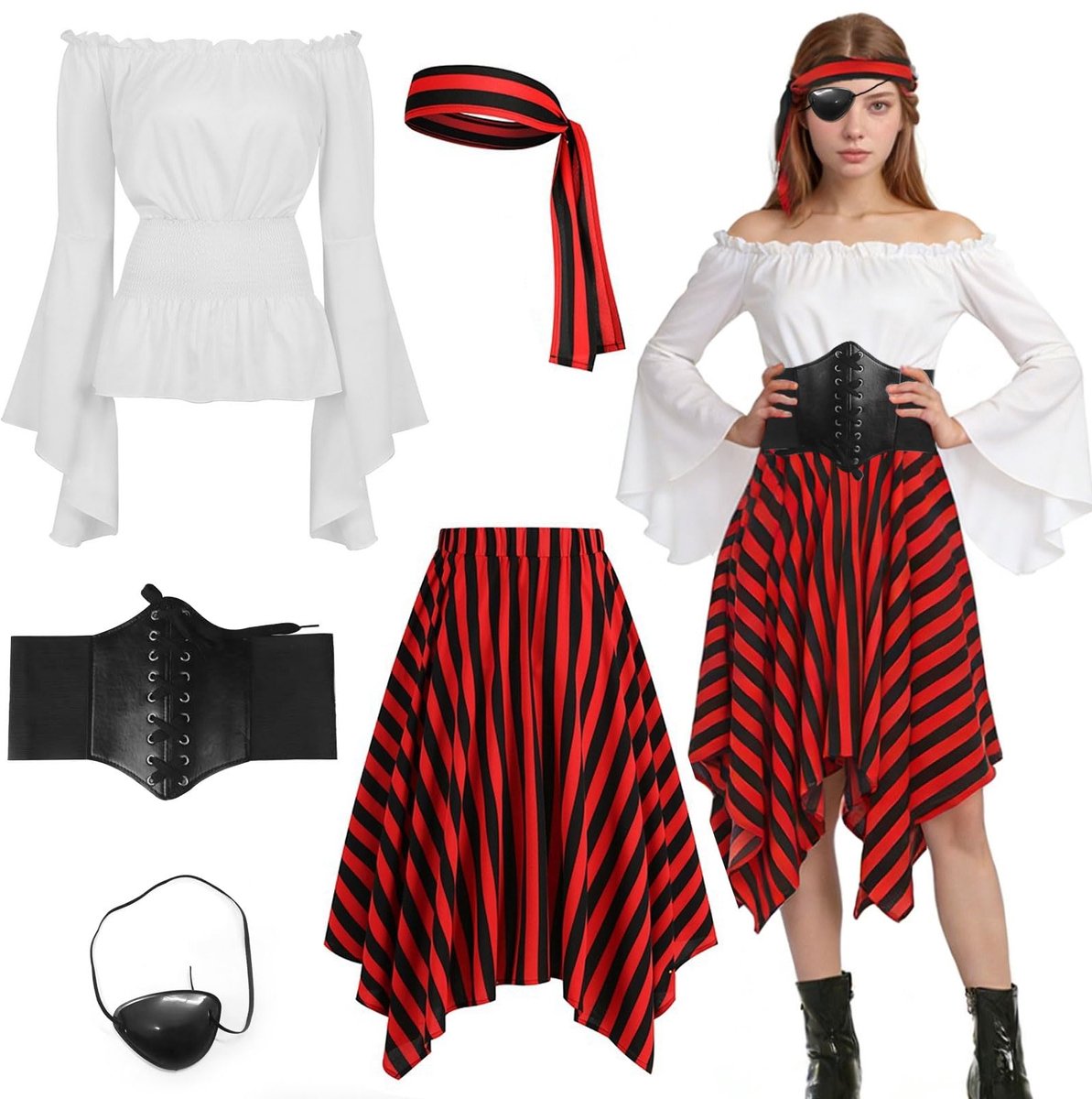 SnelShoppen - Dames Piratenkostuum Set - Middeleeuwse Piratenjurk met Top, Rok, Hoofddoek, Riem en Oogmasker voor Halloween, Carnaval en Cosplay - Per