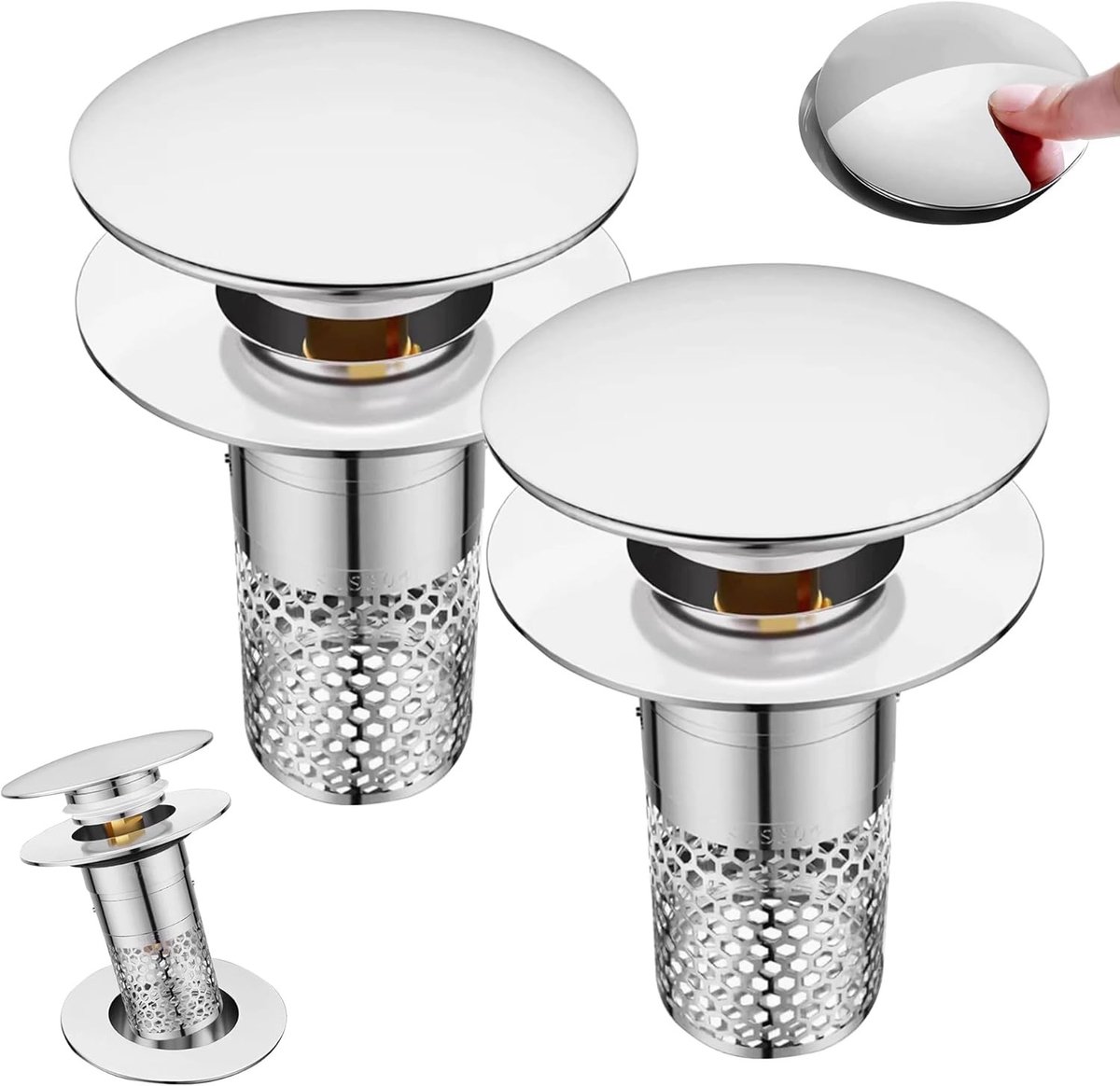 2 stuks - Afvoerset - Gootsteen zeef - Afvoerstop, wastafelstop - Afvoerzeef - Stopper - Wastafel - Wastafelafvoerset stop - Met antiverstoppingsscherm - Badafvoerstop - Voor keuken, badkamer, wastafel, bad - Zilver
