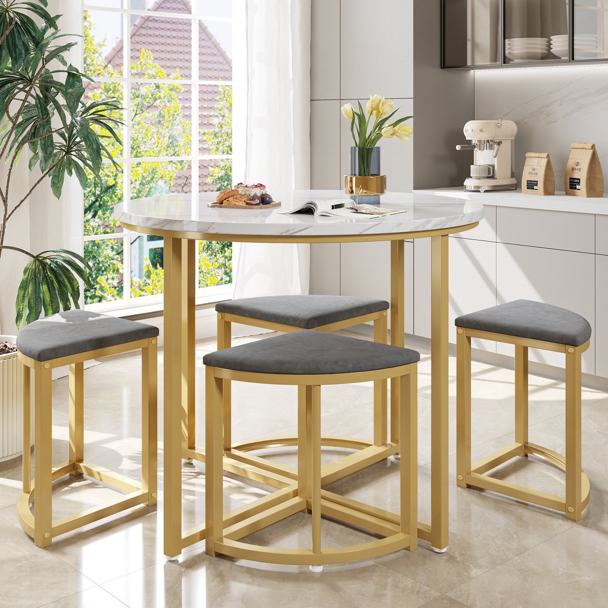 MEUNIQ ronde eettafelset met 4 stoelen, 80 cm, MDF tafelblad en metalen frame, modern, voor eetkamer, wit grijs goud
