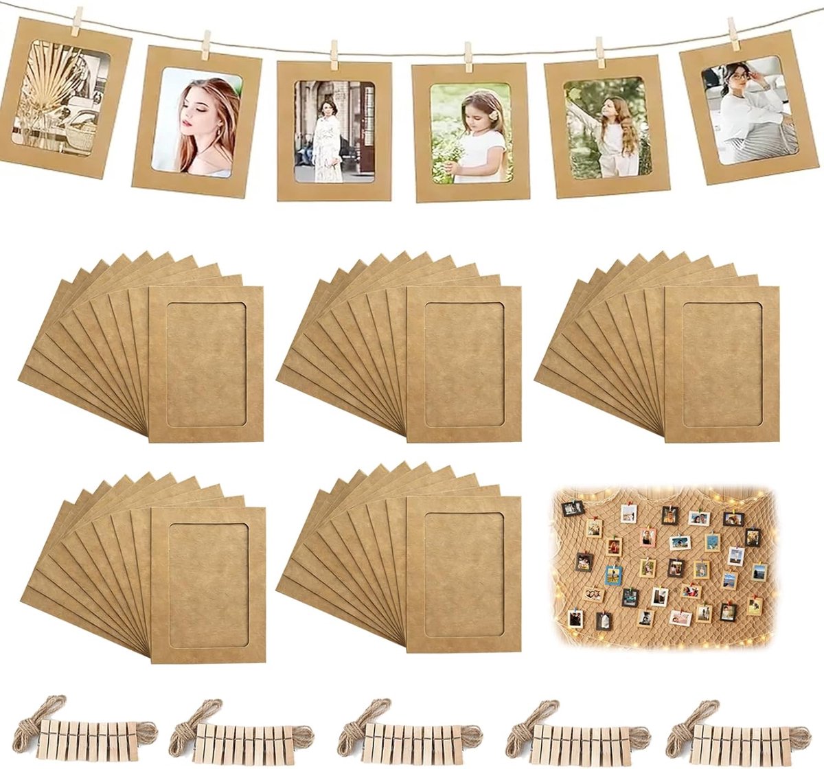Papieren fotolijstjes 50 stuks 7.5x12 cm - Bruin met houten klemmen - Inclusief henneptouw - ShopVlot