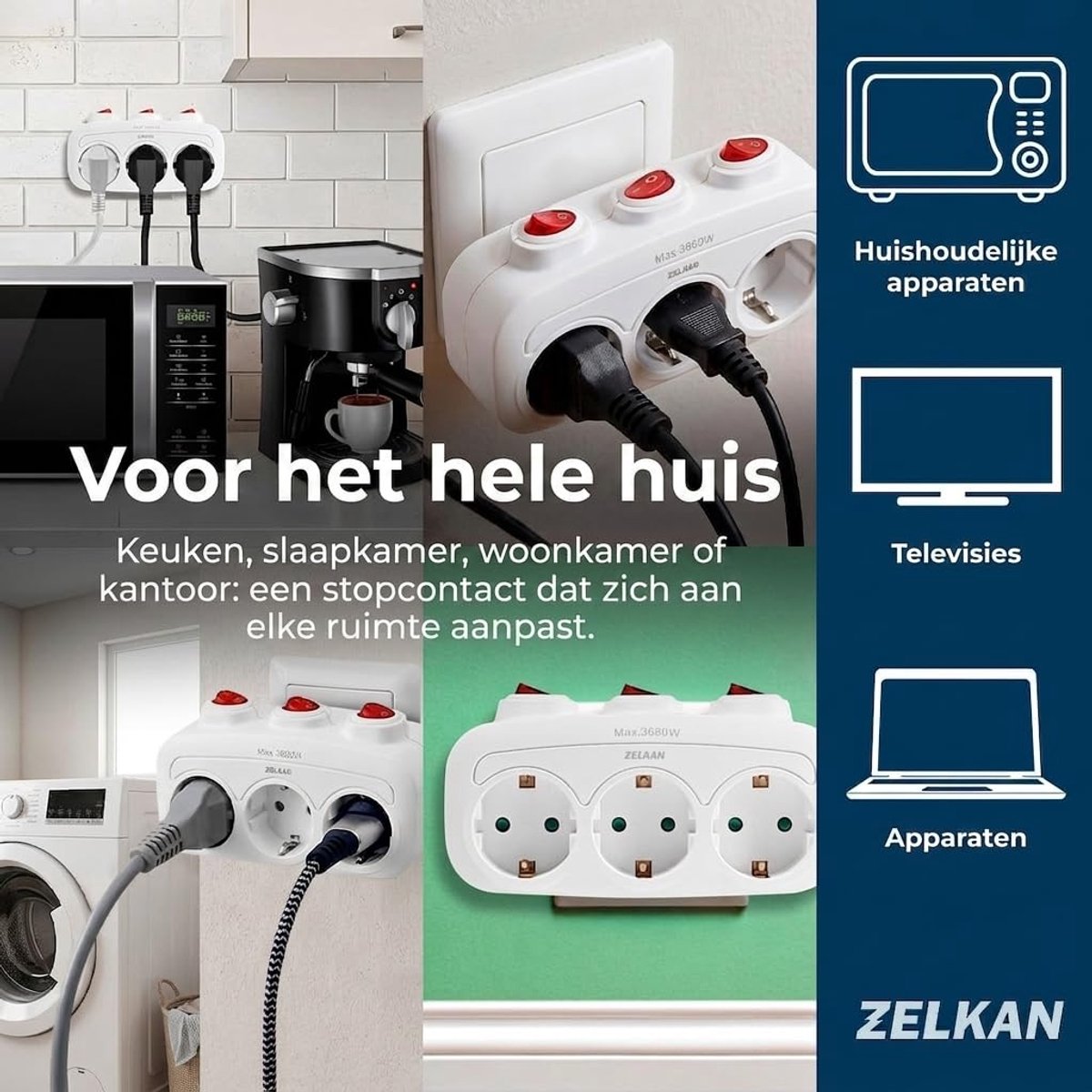 Stekkerdoos met schakelaars - Meerdere stopcontacten - Energie beheren - Horizontale opstelling - 3 stopcontacten - Wit