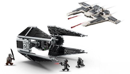 LEGO Star Wars bouwset met een zwarte TIE Interceptor en een witte Mandalorian Fang Fighter. Inclusief 3 minifiguren.