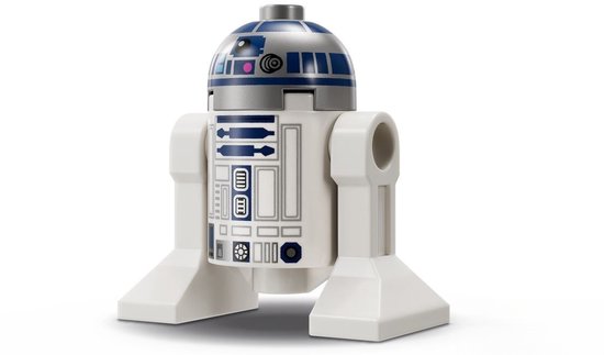 Kleine LEGO Star Wars R2-D2 figuur met witte en blauwe details.