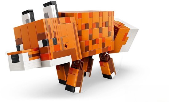 Renard LEGO Minecraft orange, marron et blanc avec des oreilles noires.