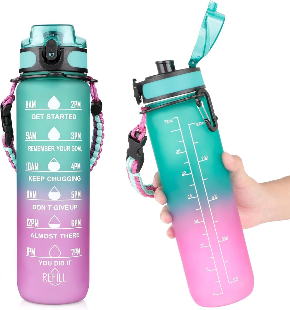 Waterfles 1 liter - BPA-vrij - Lekvrij - Tijdsaanduiding voor hydratatie - ShopVlot
