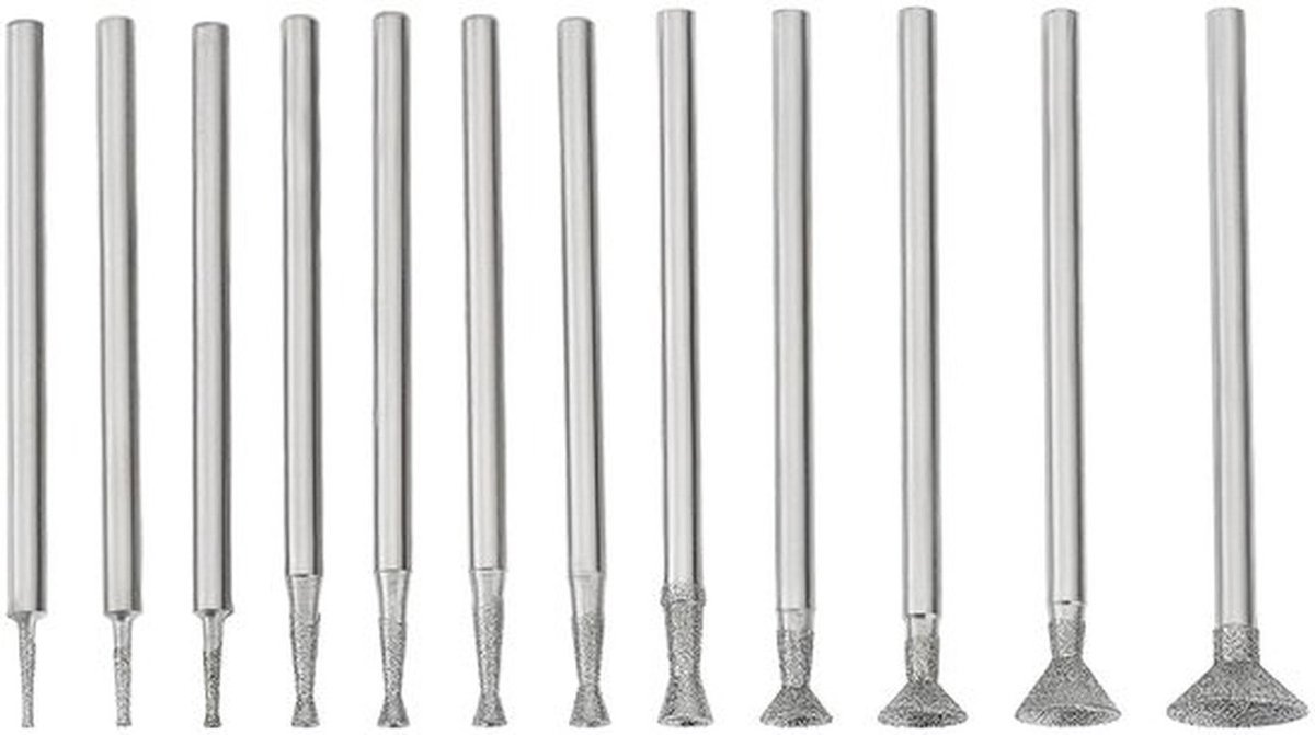 Diamant Burr Set 12 Stuks - Gemonteerde Slijpen Bits - Cupvormige Boren - Geschikt voor Roterende Gereedschappen - Totale Lengte 42 mm - Materiaal: Diamant - Slijpbits