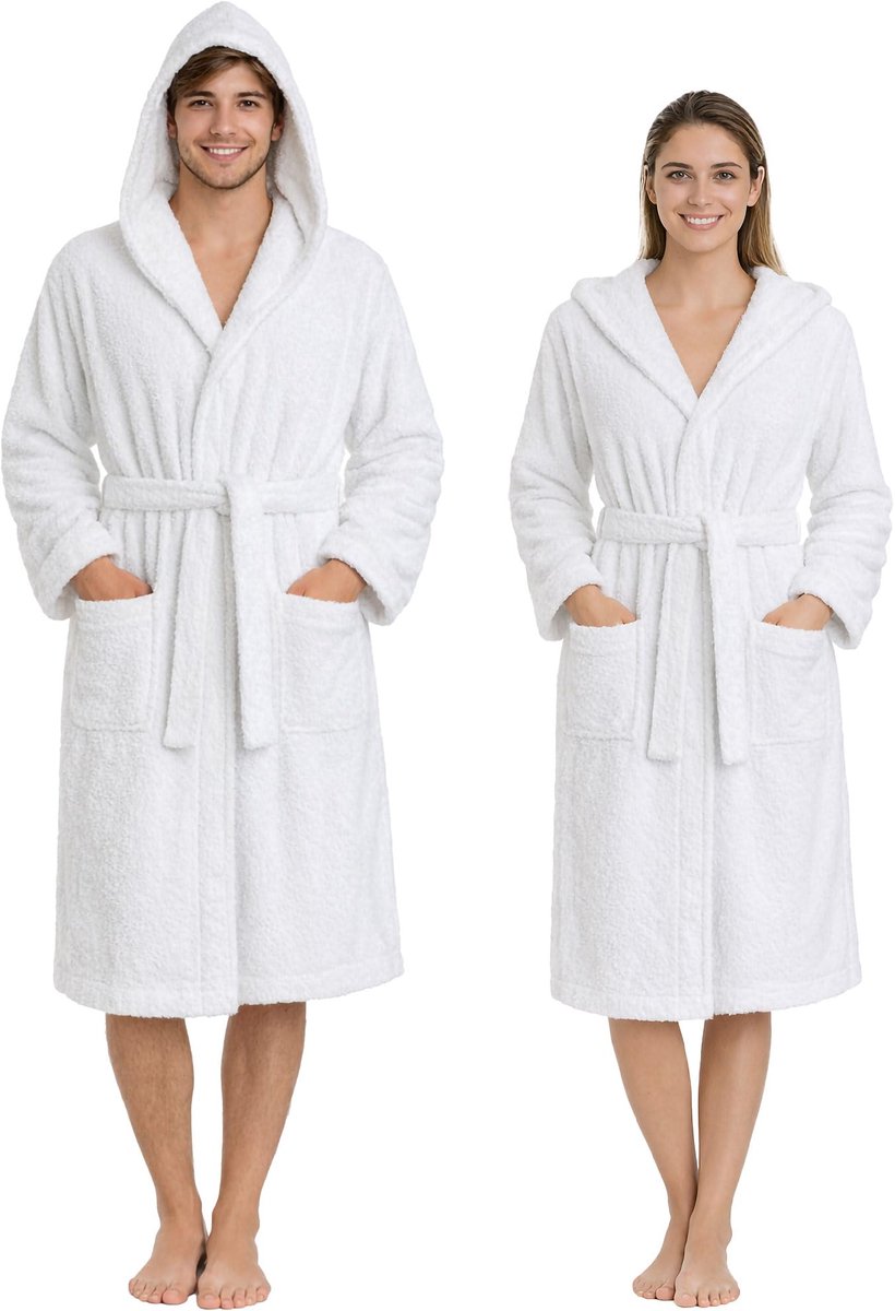 SnelShoppen - Unisex Badjas van 100% Katoenen Badstof 400 g/m² met Capuchon – Zacht, Absorberend, met Riem, Zakken en Hangers – Voor Dames en Heren Vo
