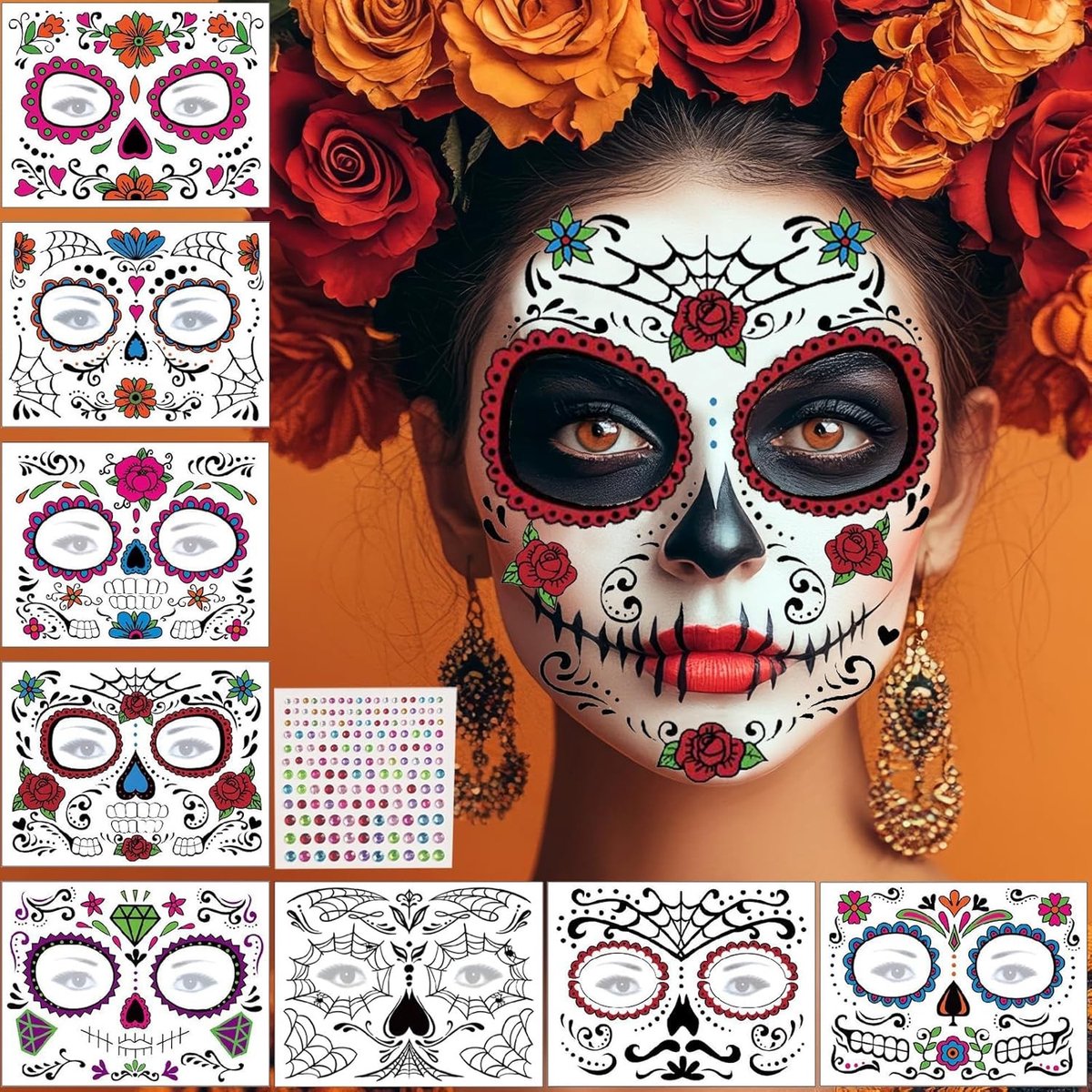 Halloween Dia De Los Muertos Gezichtstatoeages - 9 Bladen Skelet en Doodskop Make-up Accessoires voor Kostuum voor Mannen en Vrouwen
