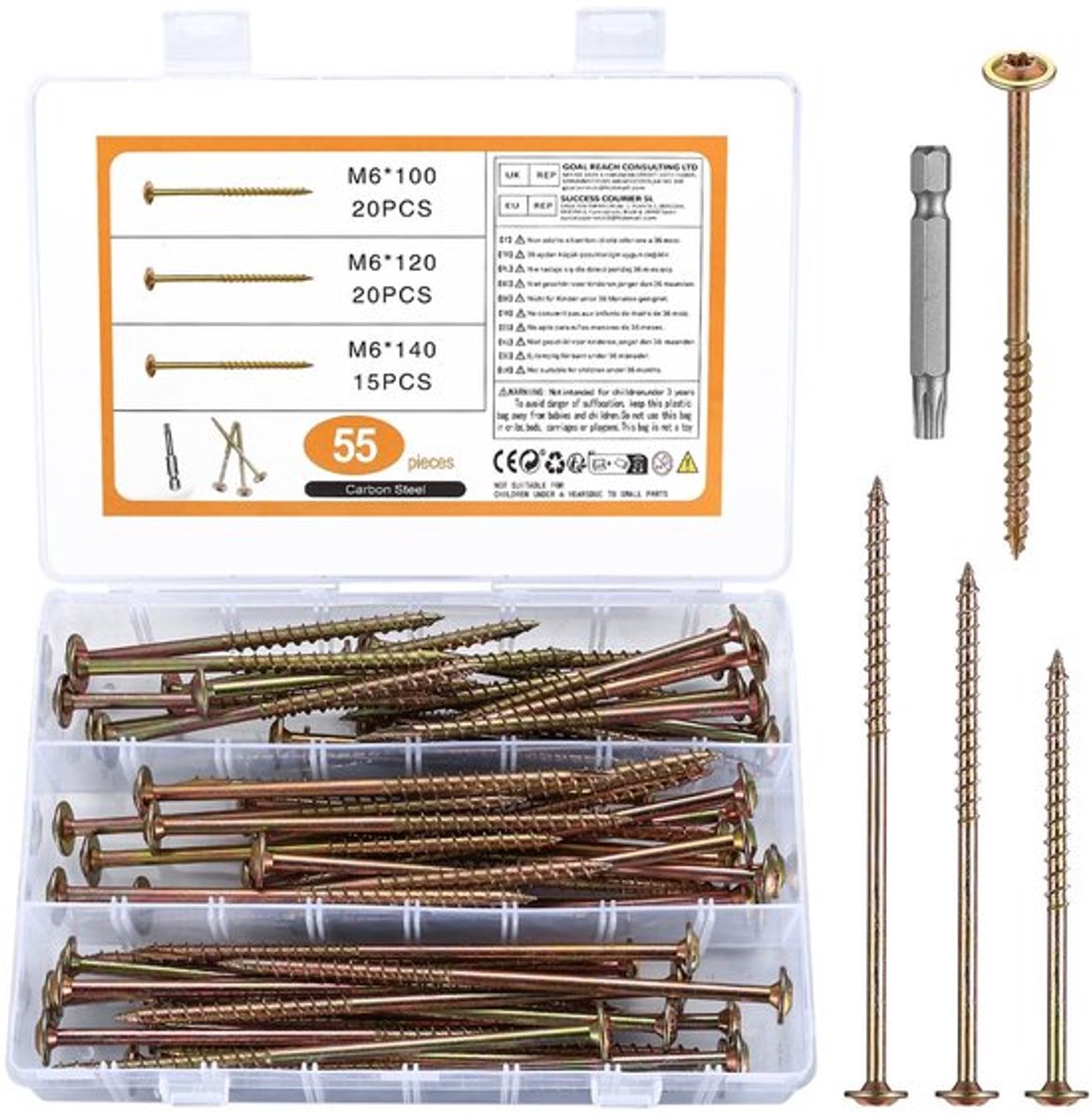 Platte Kopschroeven 55 Stuks - Houten Bouwschroeven - Torx-Platte Kopschroeven - Constructieschroeven - Verzinkt - Corrosiebestendig - Houtschroeven