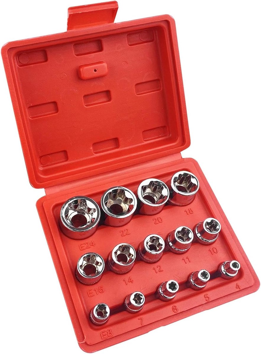 SnelShoppen - 14-delige Torx Moerset, Allen Sleutelset, Dopsleutelset, Hexagon Set, E4-E24 Ster Torx Dopsleutelset, Auto Reparatie Gereedschap met Rod