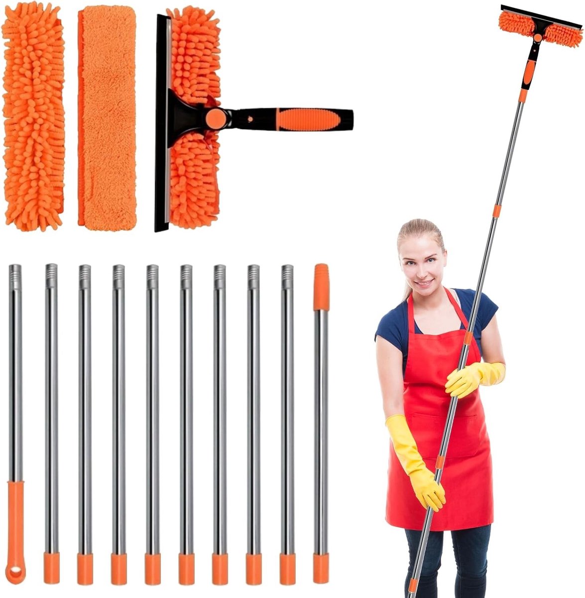 Telescopische Raamreiniger met Lange Handgreep, 4.3 m, 2-in-1 Professionele Reinigingsset voor Hoge Ramen, Muren en Auto's met Schraper en Reinigingsdoek