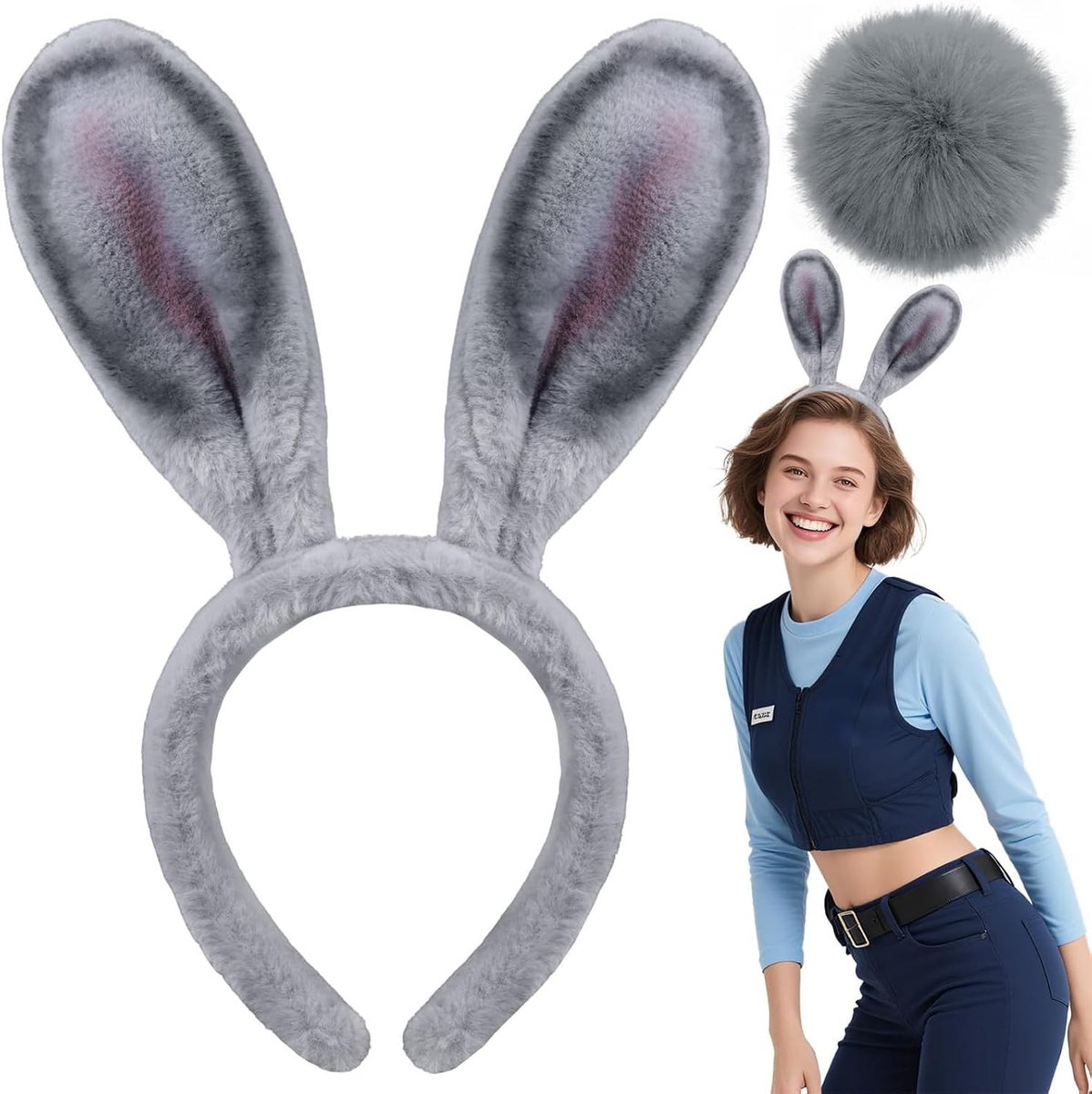 Grijze Konijnenoren en Staart Set voor Dames, Carnaval Kostuum, Dierenkostuum Accessoires voor Volwassenen, Perfect voor Feestjes en Themapartijen