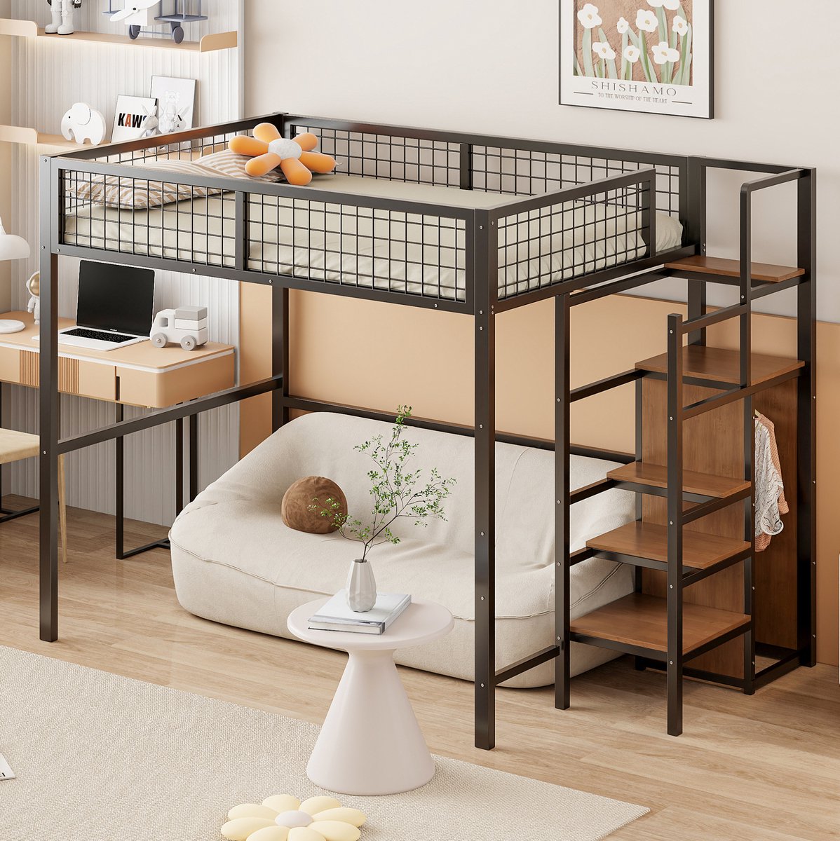 COVREO Bedframe 140x200 cm zwart hoogslaper met ladder zonder matras