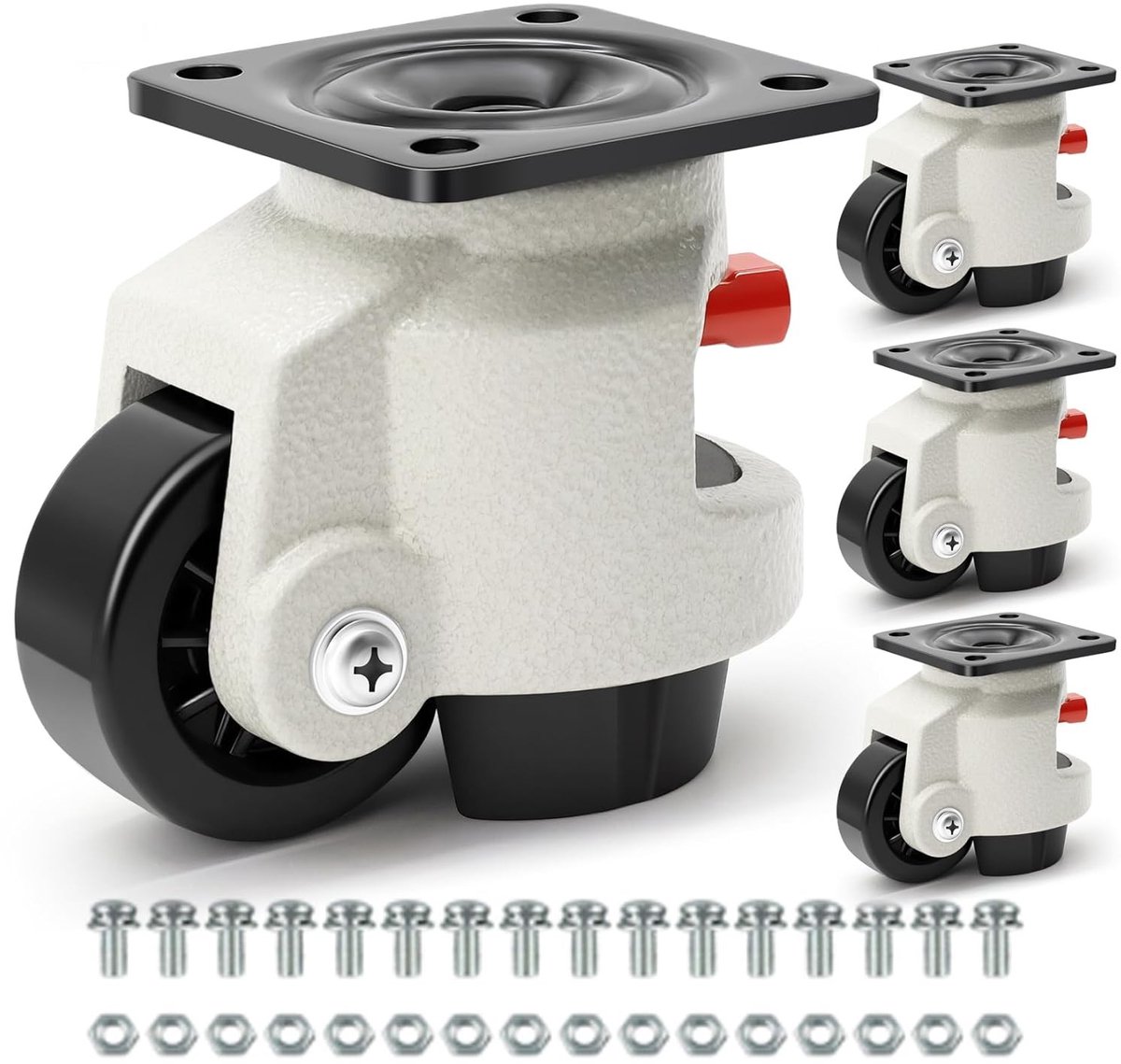 Zware Verstelbare Ratchet Handgrepen met 360 Graden Draaibare Wielen, Inklapbare Wielen voor Meubels en Apparatuur, Max. 1000 kg, Set van 4