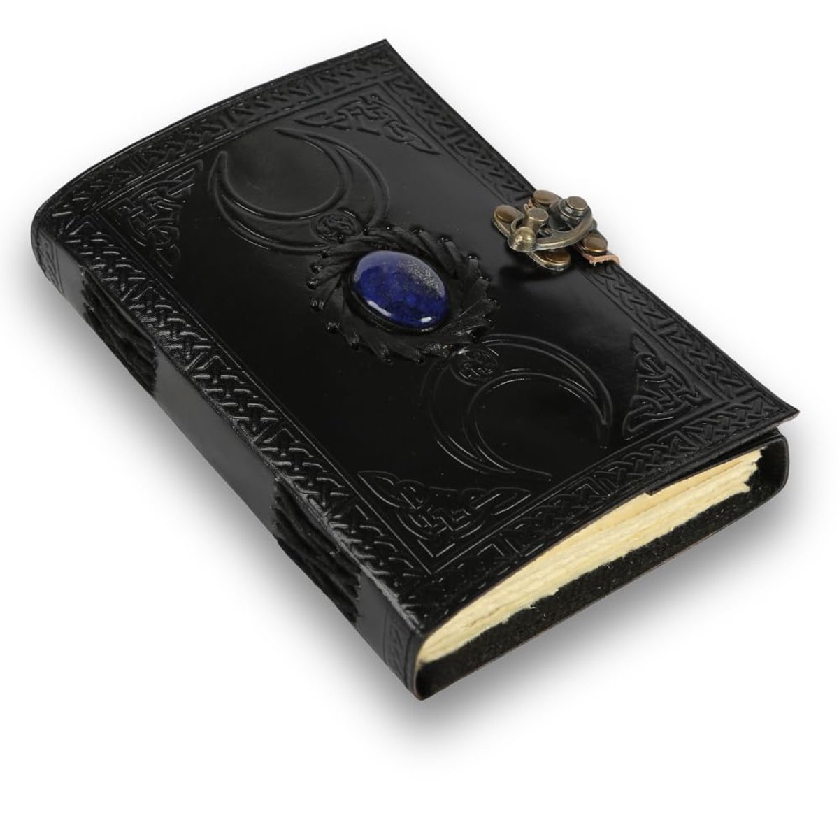 SnelShoppen - Zwart Notitieboek van Rustiek Leer met Drievoudig Maanmotief, Keltisch Heksdagboek B6 met Blauwe Messing Sluiting, Perfect als Schrijfda