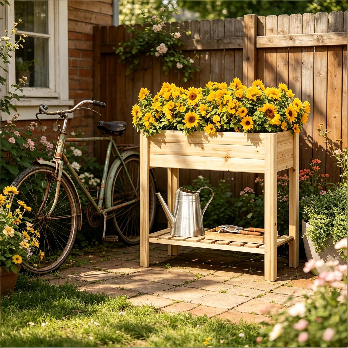 Moestuinbak Verhoogd – 80 X 75 X 40 Cm – Met Opbergplank – Massief Hout – Houtkleur – Weerbestendig – Voor Balkon, Terras En Tuin