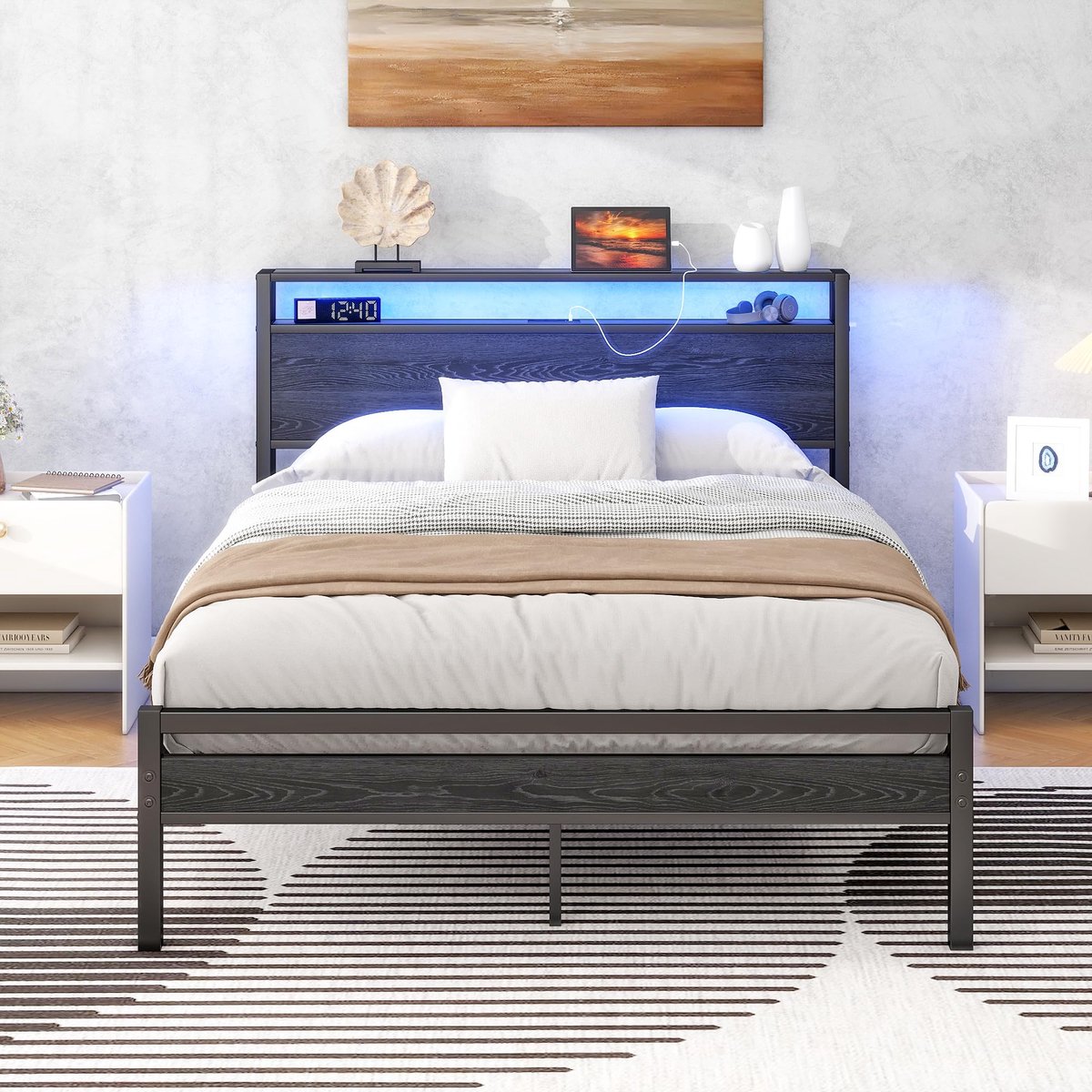 Metalen Bedframe 120 x 200 cm met Houten Hoofdeinde en USB Oplaadfunctie