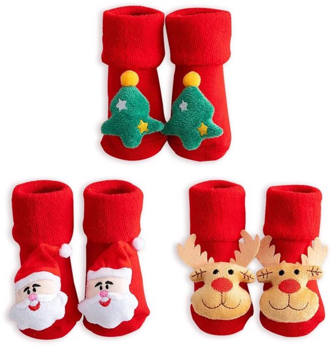 Kerstsokken 3 Paar - Antislip - Voor Baby's 0-1 Jaar - Katoen - Zacht en Warm - Verschillende Kleuren - Babysokken