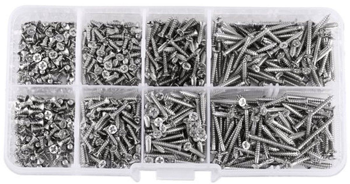 Houtschroef 800 Stuks - Platte Kop - Zelftappende Schroeven - Houtbewerking - Bevestiging - Transparante Doos
