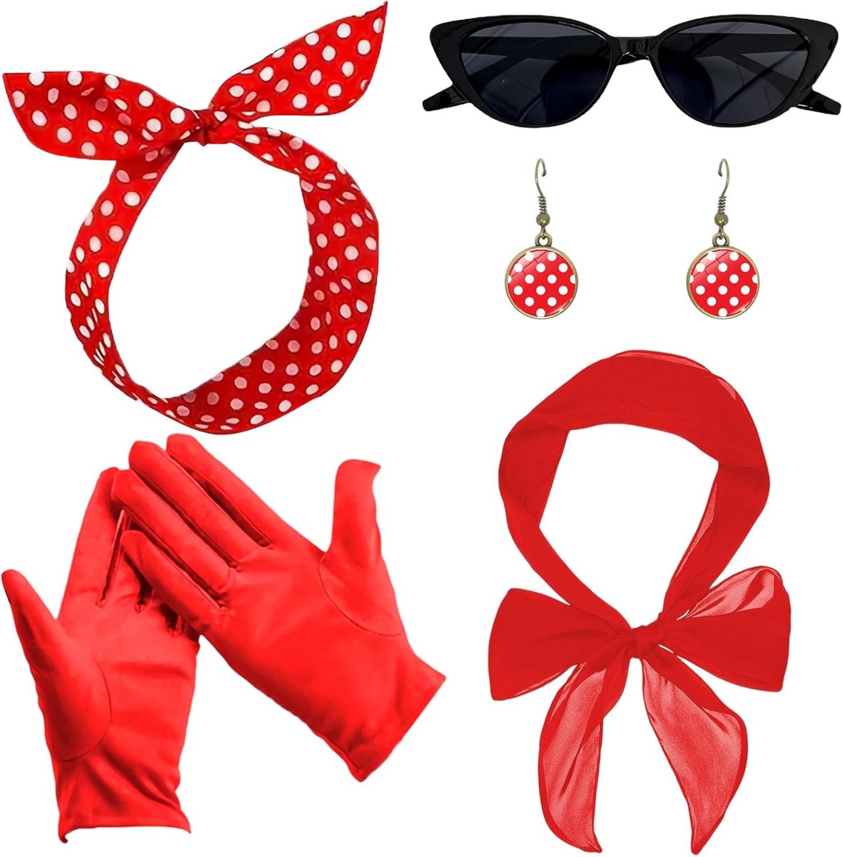 Vijfdelige jaren '50 kostuumaccessoires set met kattenoogbril, stippenbandana, oorbellen en rode handschoenen voor dames