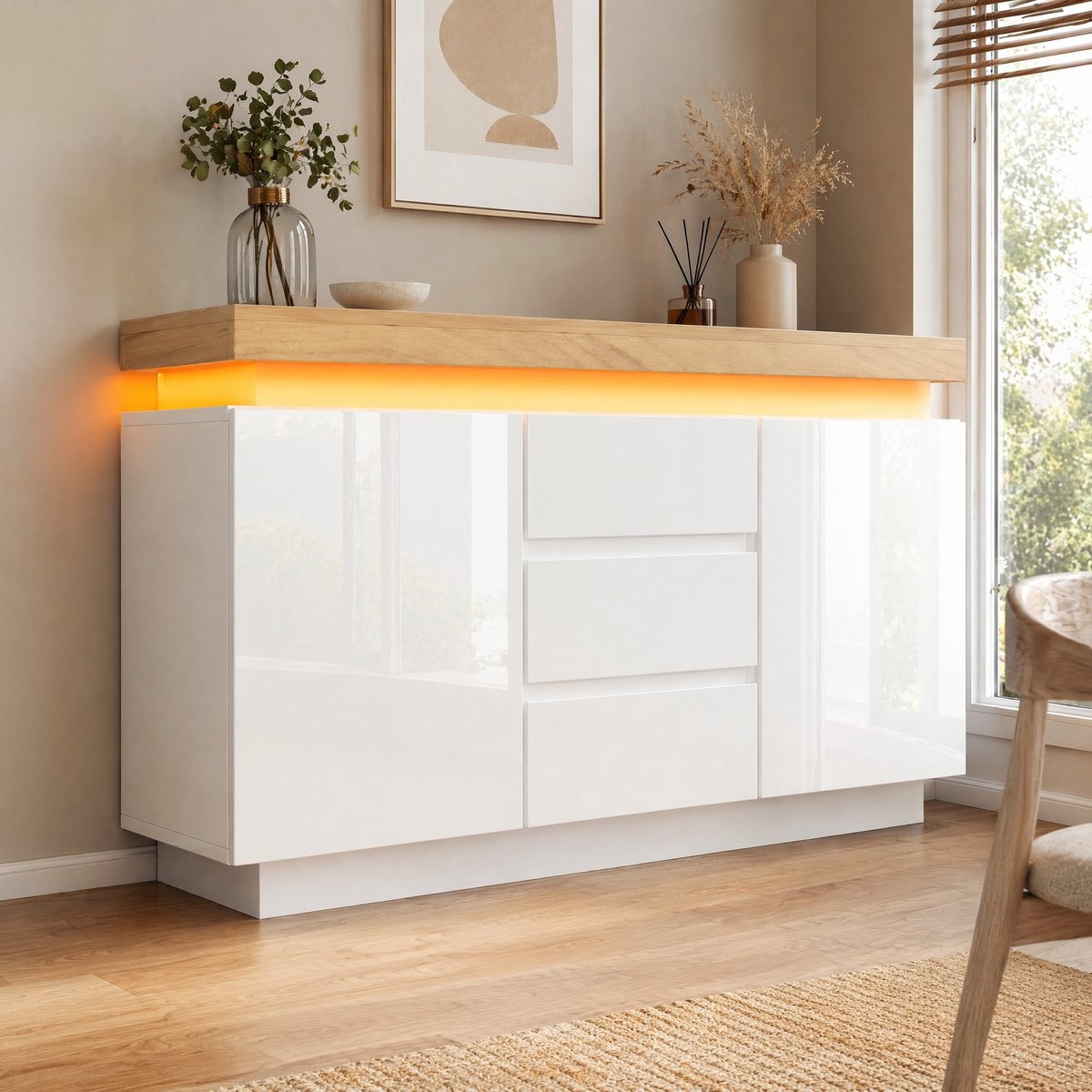 COVREO Kommode 140 x 81 x 39 cm - hoogglans wit, LED-appbediening, 2 deuren, 3 lades