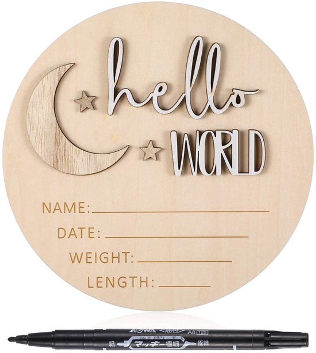 Aankondigingsbord Hout - Baby Aankondiging - Naambordje Voordeur - Kinderen - Decoratie - 3D-letters "Hallo" en "Wereld