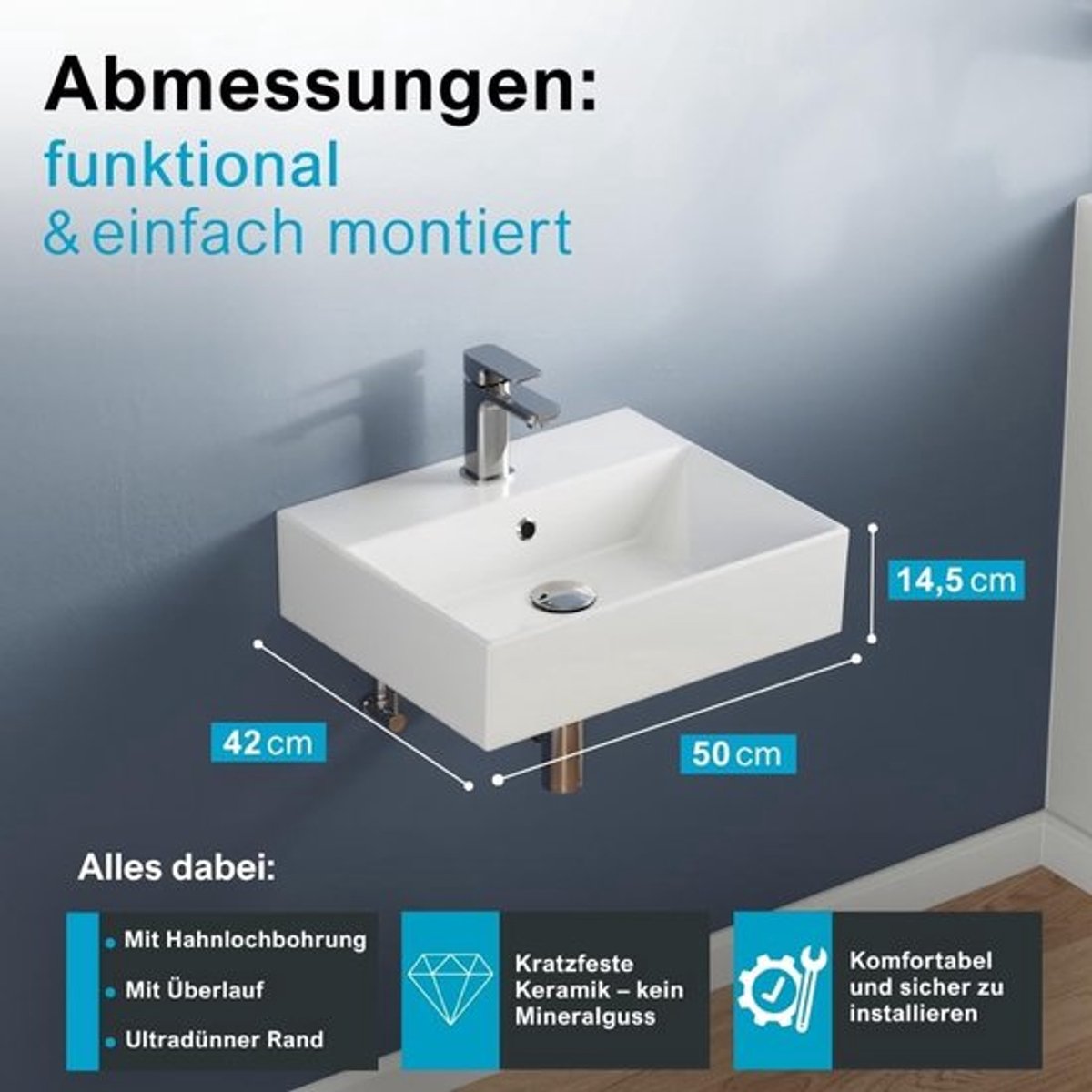 Handwastafel 50 cm - Keramiek hoogglans wit - Wandmontage - Ruimtebesparend - Gasten-wc - Bekroond design - Wastafel
