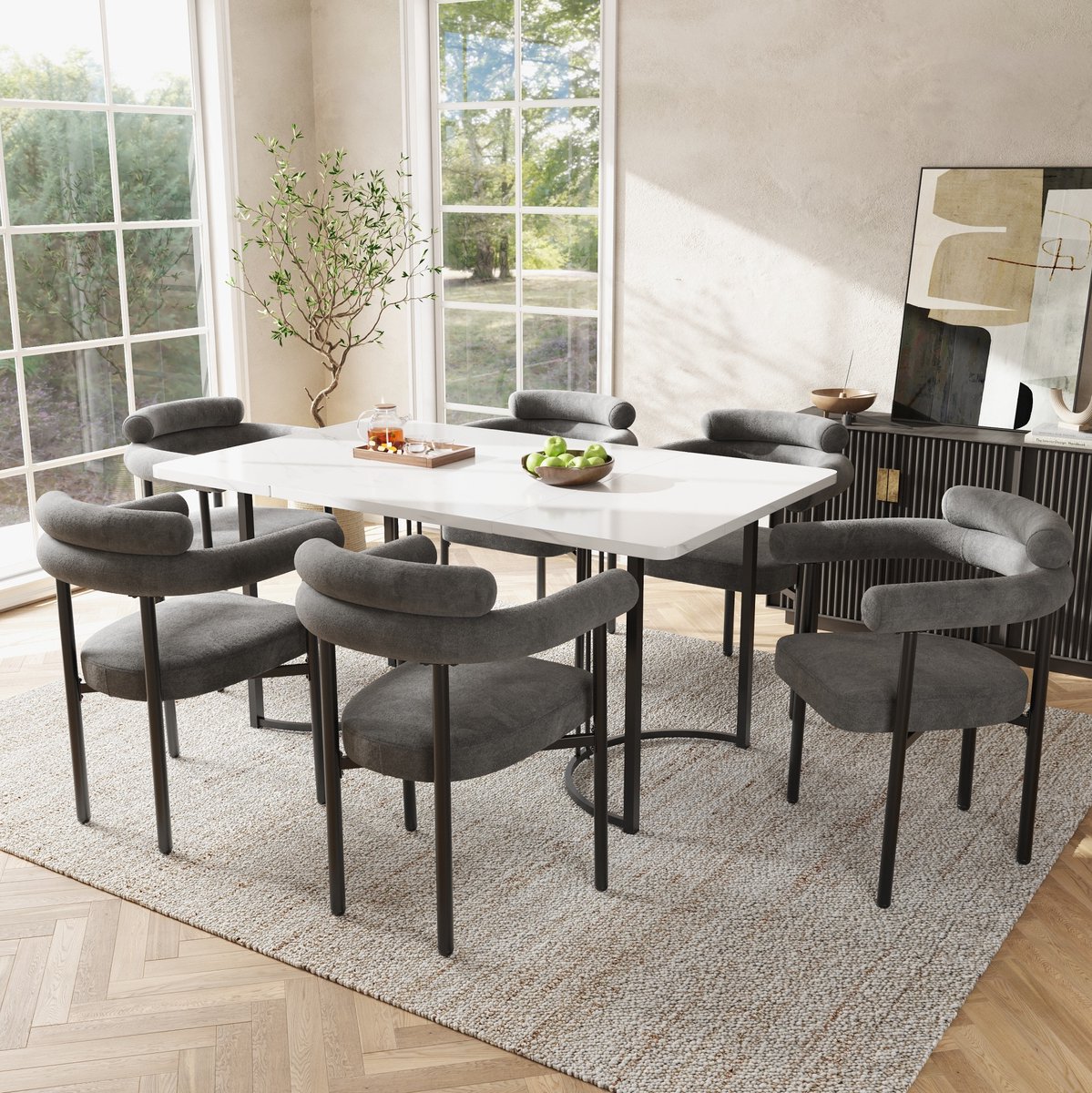 MEUNIQ 7-delige eettafelset met 6 stoelen, 140 x 80 x 75 cm eettafel, donkergrijze fluwelen stoelen, wit tafelblad, metalen onderstel, voor eetkamer en keuken