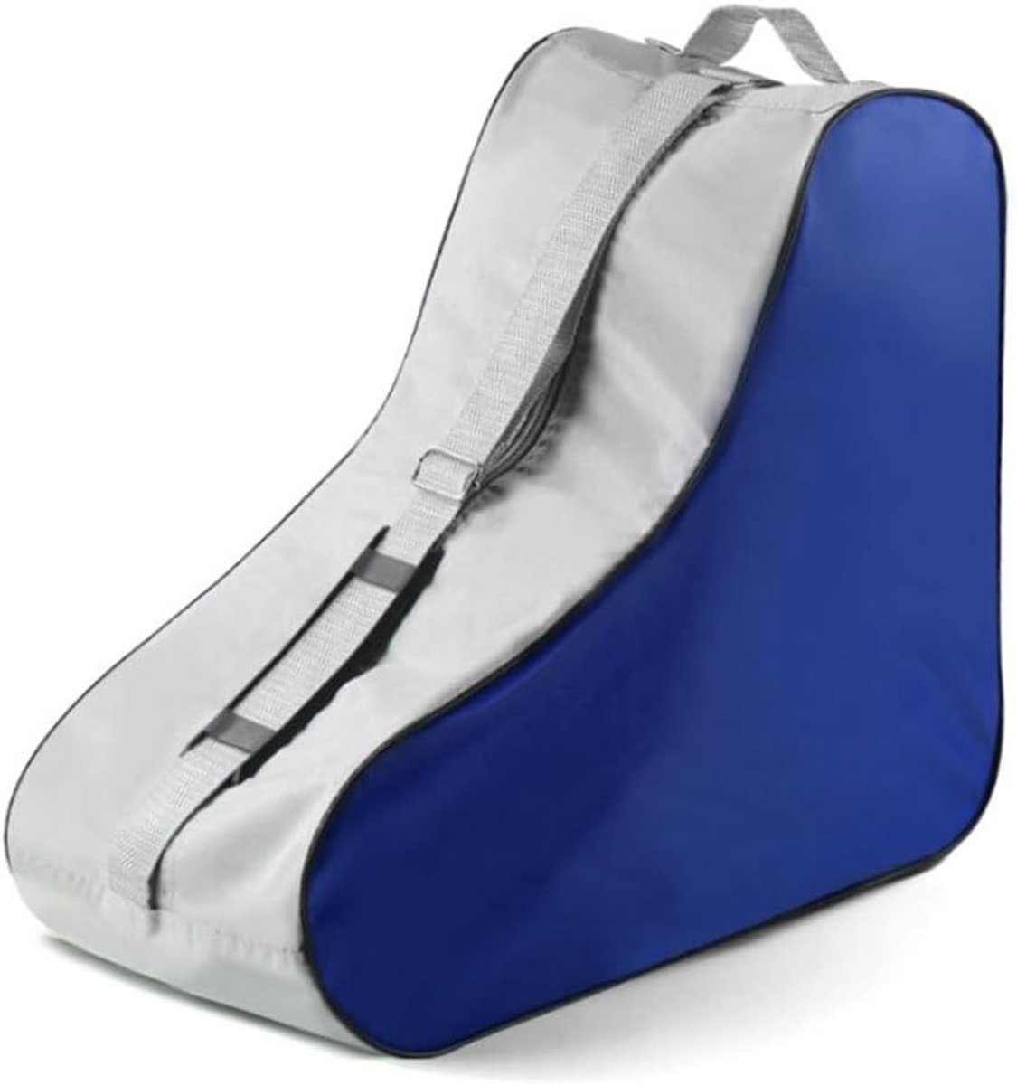 Draagtas voor rolschaatsen in blauw en grijs, driehoekig ontwerp met schouderriem en handvat voor eenvoudig transport
