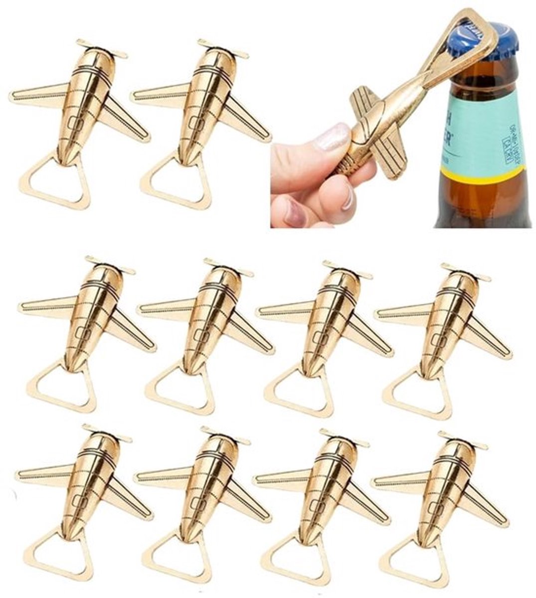 Bieropener Vliegtuig - Metalen Flesopener - Cadeau voor Thuis - Set van 10 - Uniek Ontwerp - Inclusief Bedankkaarten