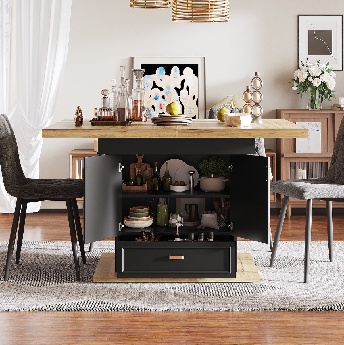 MEUNIQ uitschuifbare eettafel 110-140 x 80 x 75 cm met 2 deuren en 1 lade, rechthoekige tafel met opbergruimte voor keuken en eetkamer, naturel