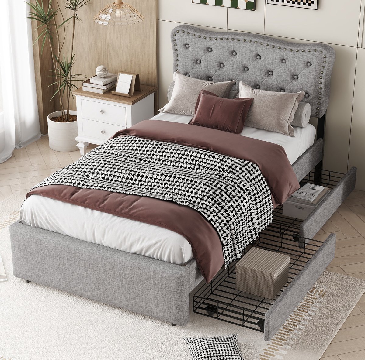 COVREO Bed 90x200 cm - grijs, gestoffeerd hoofdbord, 2 opberglades, verstelbare hoogte